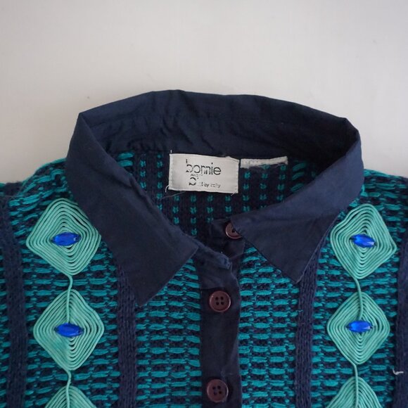 Vintage Bonnie Blue Teal Geometric Beaded Collared Button Front Sweater L - Picture 4 of 11